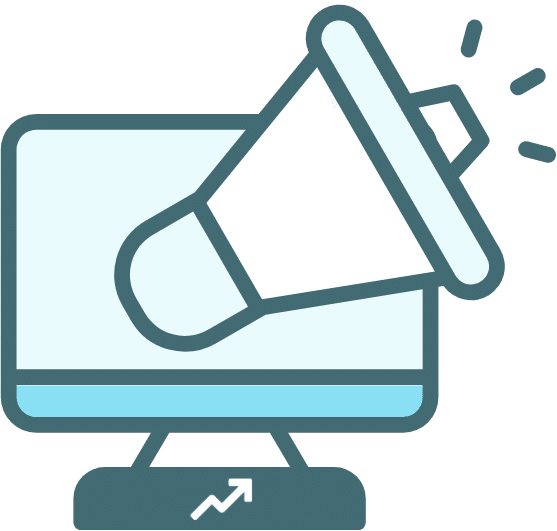 Megaphone on computer icon representing awareness focused veterinary advertising channels