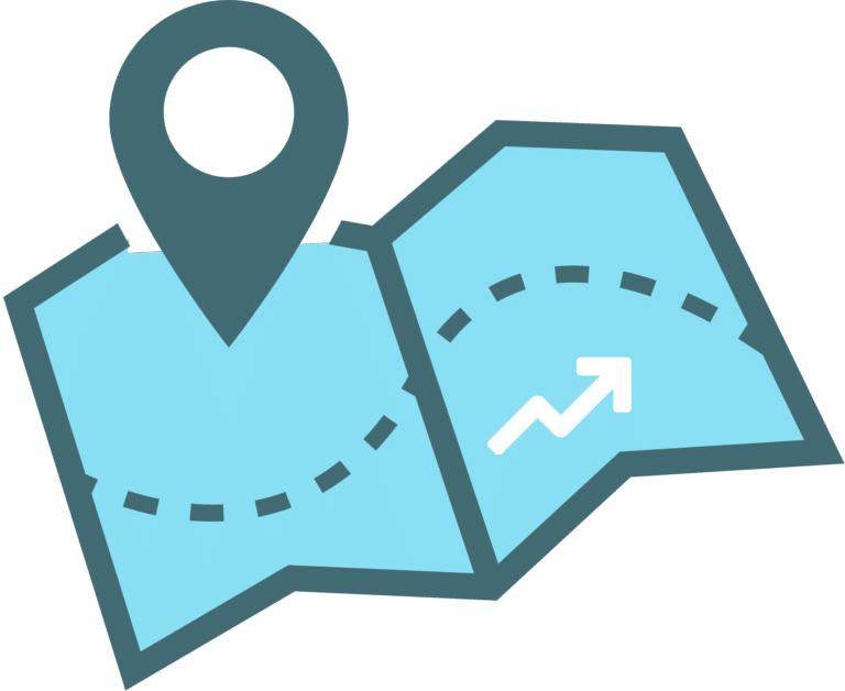 Veterinary market segmentation map icon with a location pin and an upward trend arrow.