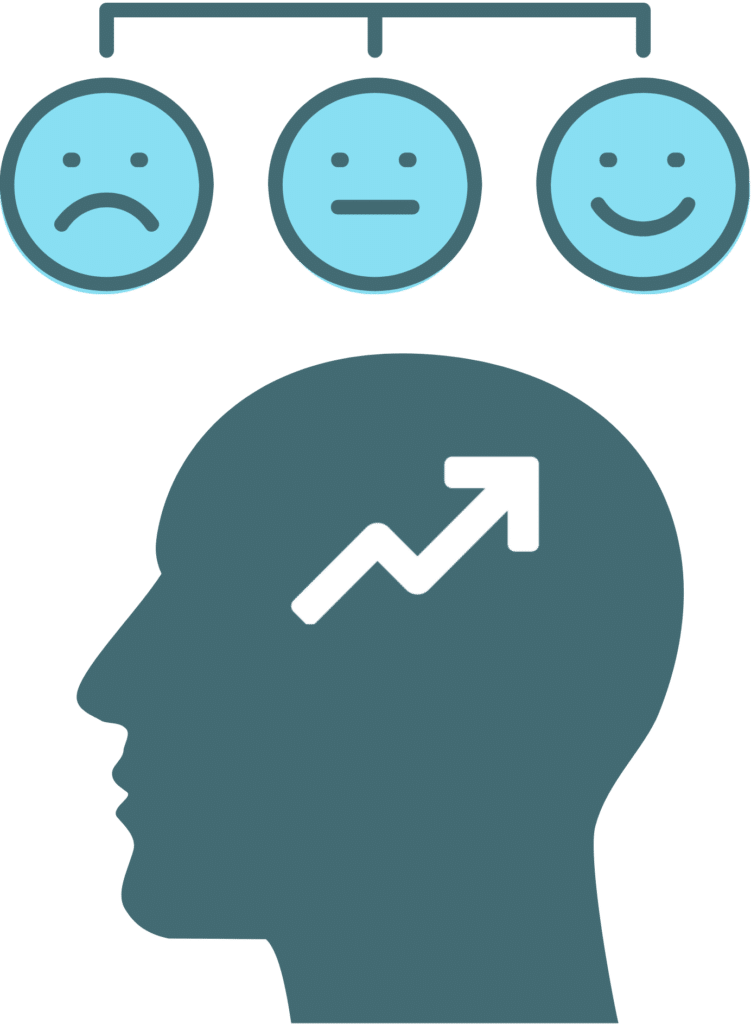 Veterinary market segmentation graphic showing a head icon with an upward trend and three satisfaction faces.