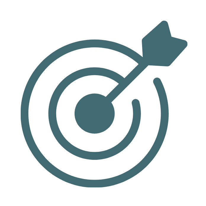 An arrow hitting the center of a circular target in monochrome blue.