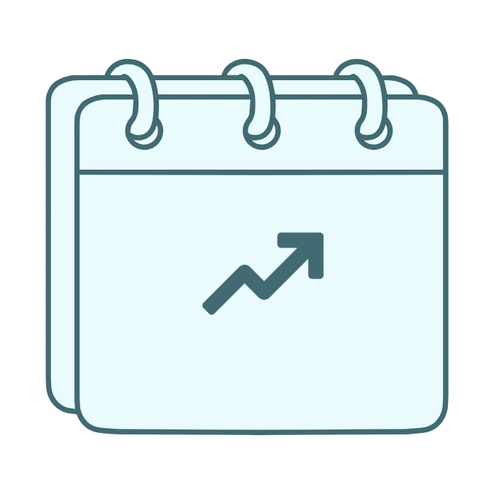 Icon of a calendar with an upward trend arrow on it.