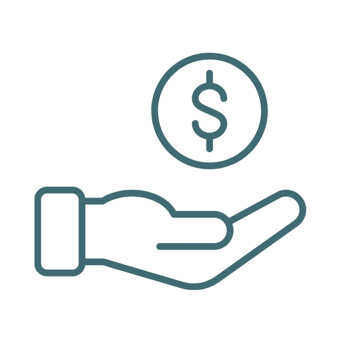 Hand holding a floating dollar coin, depicted in line art style.