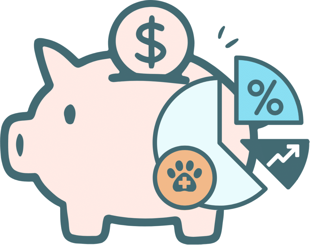 Piggy bank with a coin, percentage pie chart, and upward trend.