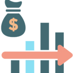 Money bag with dollar sign and increasing bar graph with arrow.