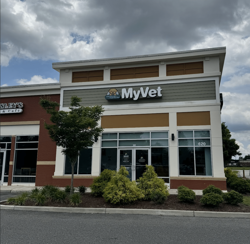 Exterior view of MyVet veterinary clinic in a commercial building.