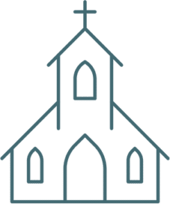 Illustration of a simple church with a cross on top and visible windows and doors.