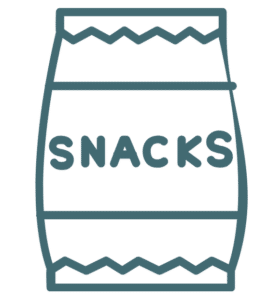 Outline of a snack bag labeled "SNACKS" with a rippled top edge.
