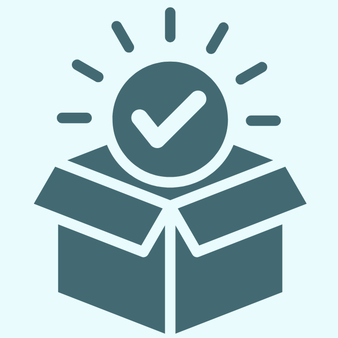 A checkmark icon inside a sunburst above an open box.