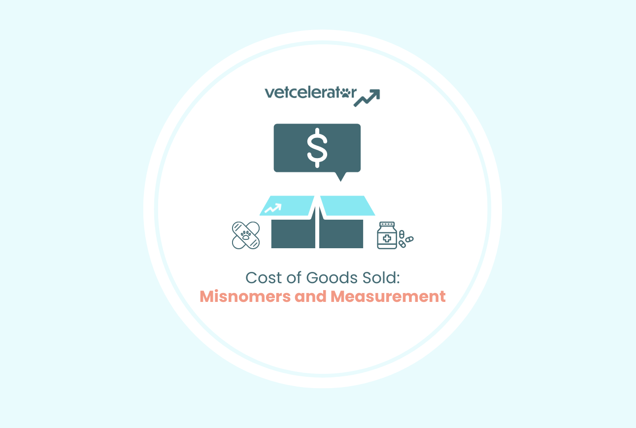 Illustration of a box with icons for medicine and finance, titled "Cost of Goods Sold: Misnomers and Measurement."
