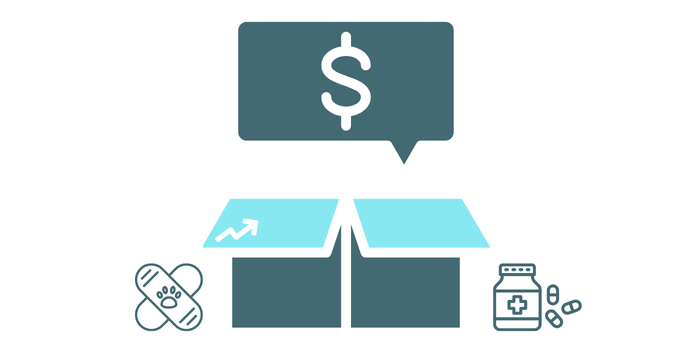 Icons depicting healthcare costs with a speech bubble, medication, and adhesive bandages.