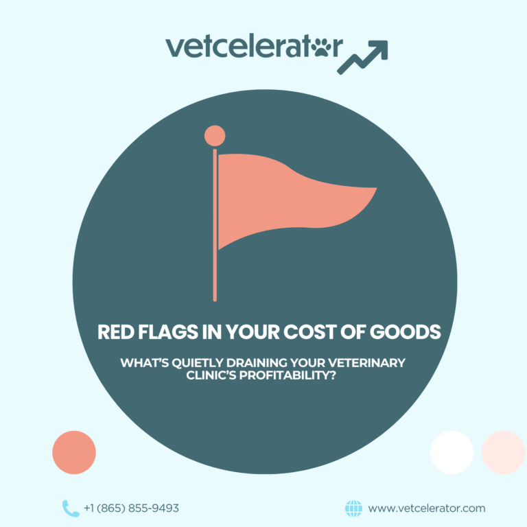 Cover image of Vetcelerator blog post titled "Red Flags in Your Veterinary Cost of Goods" featuring branding and contact details.