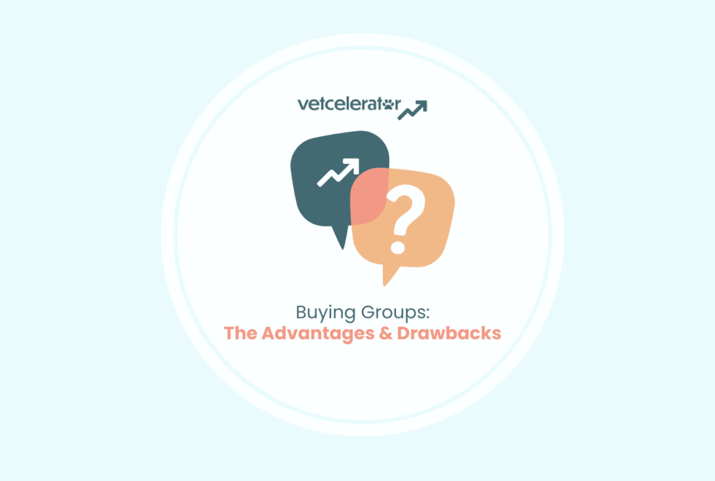 Logo and speech bubbles discussing buying groups' pros and cons.