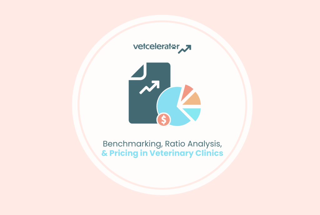 Graphic illustrating benchmarking, ratio analysis, and pricing in veterinary clinics with icons and text.