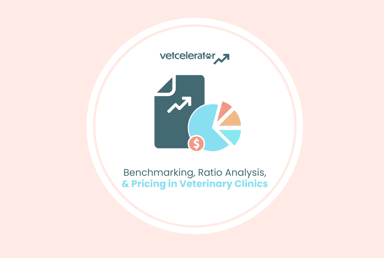 Graphic illustrating benchmarking, ratio analysis, and pricing in veterinary clinics with icons and text.