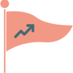 A salmon-colored flag with a rising arrow symbol on a flagpole.