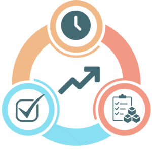 Iconographic composition of a clock, checkmark, growth arrow, and clipboard, interconnected by loops.