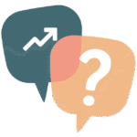 Two overlapping speech bubbles with a question mark and an upward arrow.