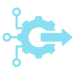 Light blue gear with circuit connections extending into an arrow pointing right.