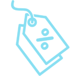 Two teal discount tags with percentage symbols, connected by a string.