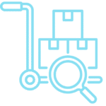 Blue line icon of a handcart with boxes and a magnifying glass.