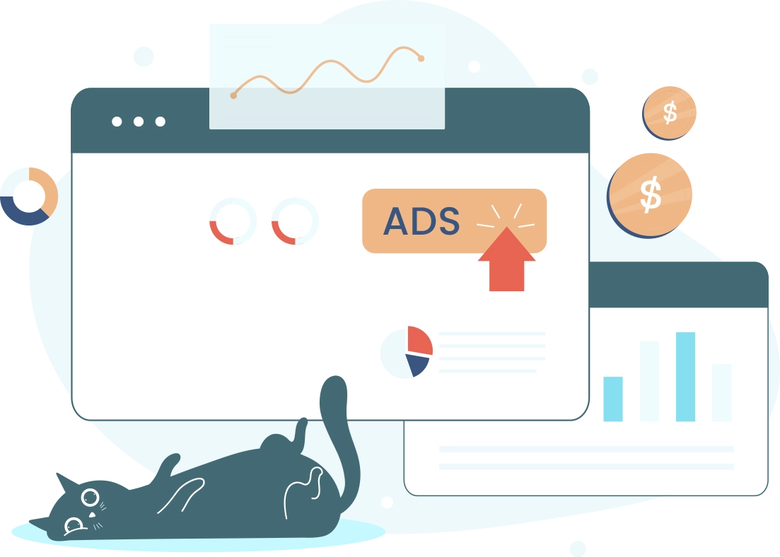 Illustration of online ads analytics on computer screens with a playful cat.