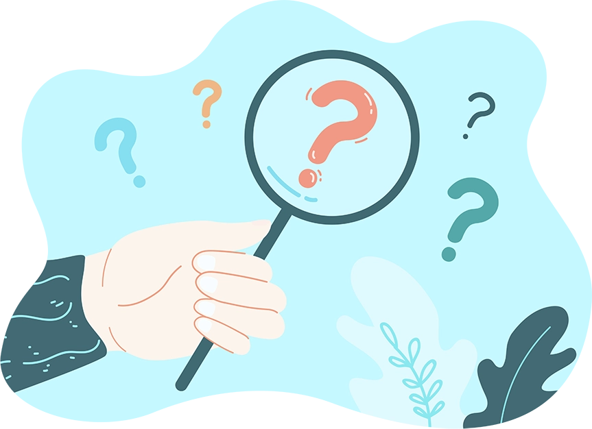 Hand holding a magnifying glass over a question mark, surrounded by other question marks.