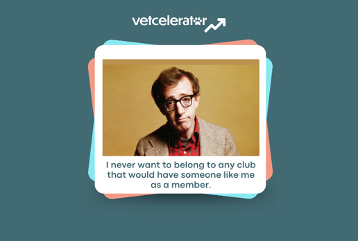 Man in glasses and tweed jacket with a humorous quote about club membership.