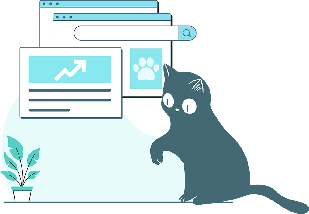 A stylized cat peering curiously at a collection of various web browser windows.