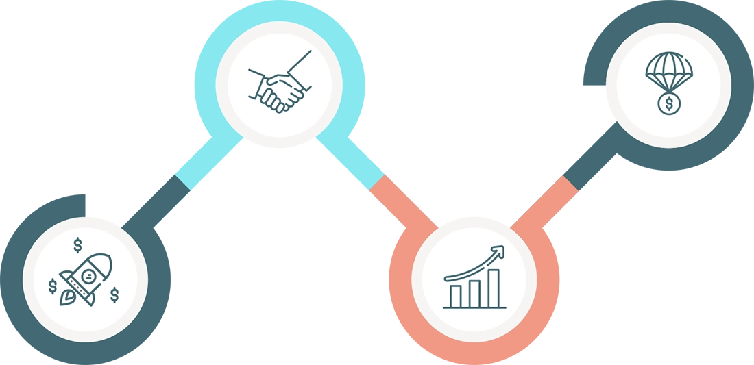 Infographic showing handshake, cash locations, economic growth, and finance parachute icons.