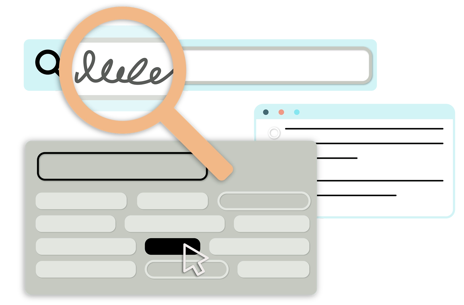 Magnifying glass over a webpage highlighting the word "rule" with various interface elements.