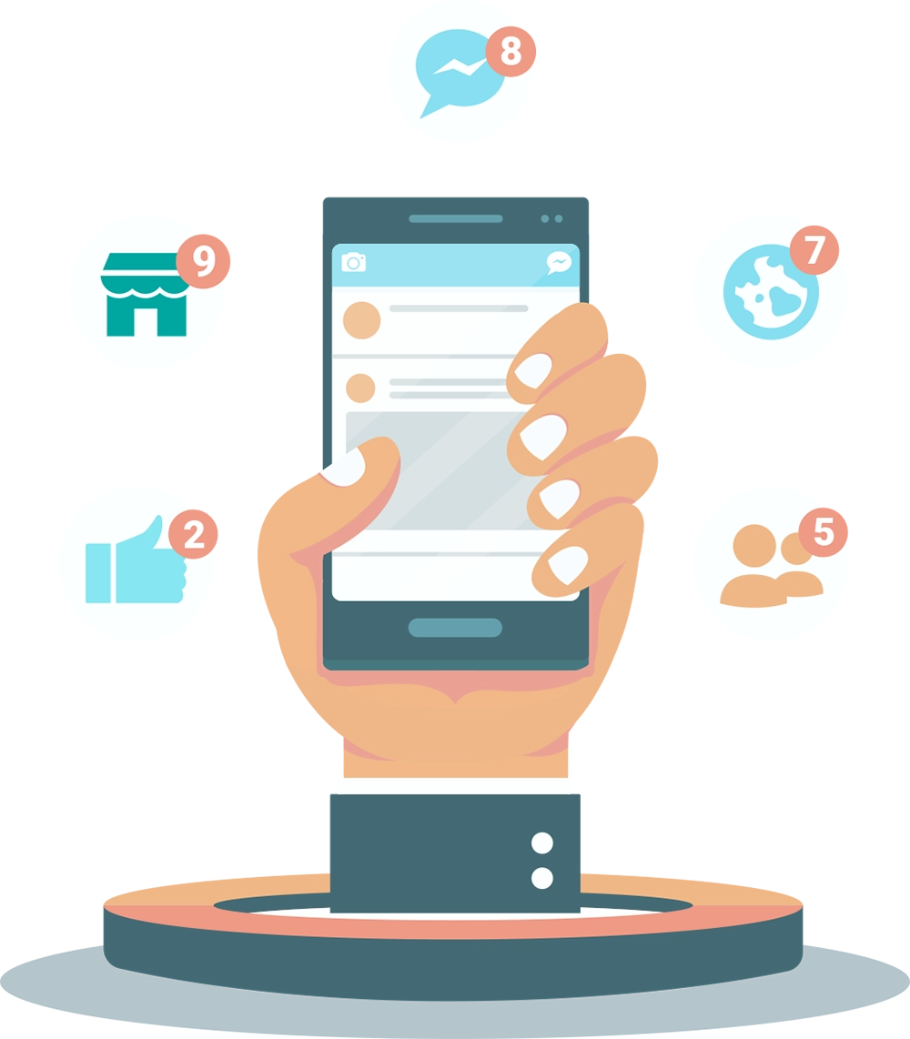 Hand holding a smartphone with various icons depicting social media interaction.