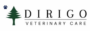 A stylized dark green pine tree with a blue paw print above it on the left.
