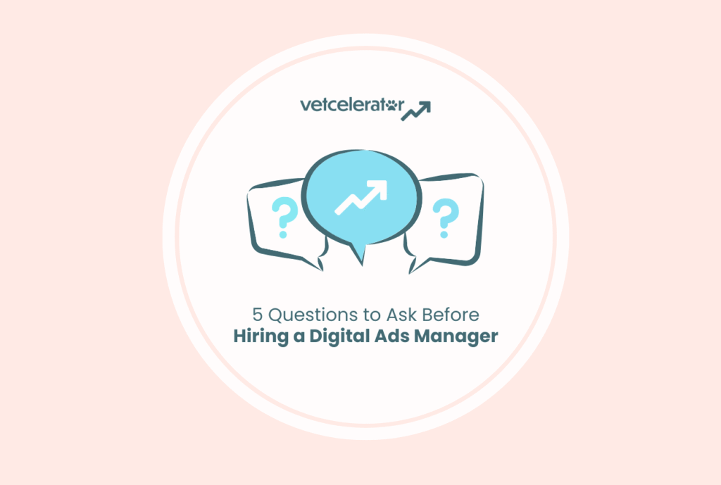 Three speech bubbles with a question mark, arrow icon, and questions about hiring a digital ads manager.