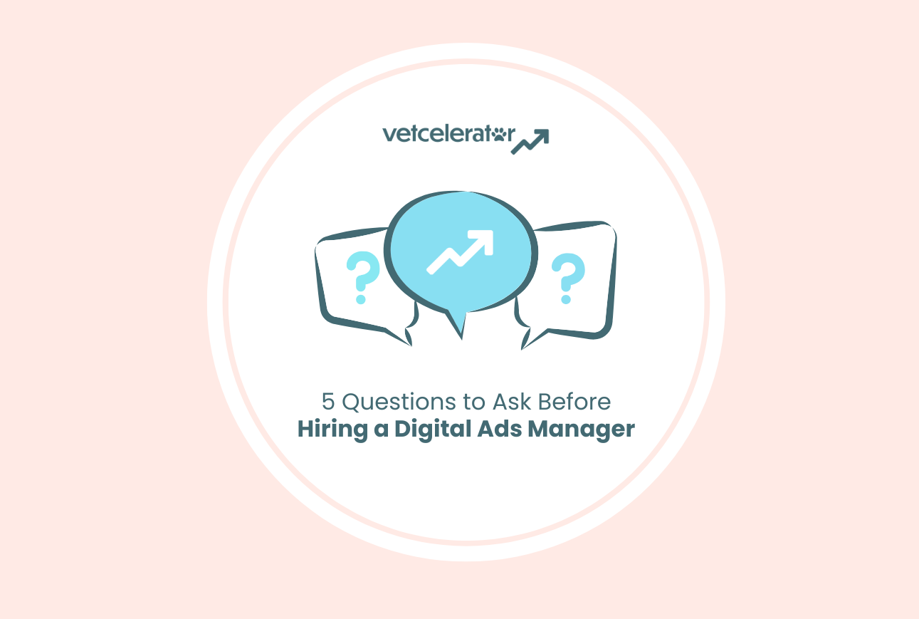 Three speech bubbles with a question mark, arrow icon, and questions about hiring a digital ads manager.