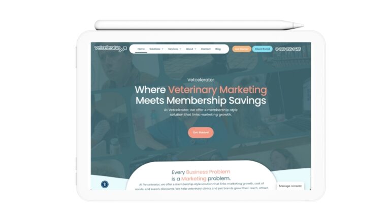 Vetcelerator homepage showing veterinary digital marketing and membership savings