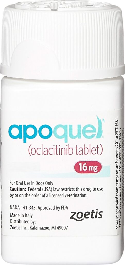 Bottle of Apoquel 16 mg tablets for dogs, labeled for veterinary use.
