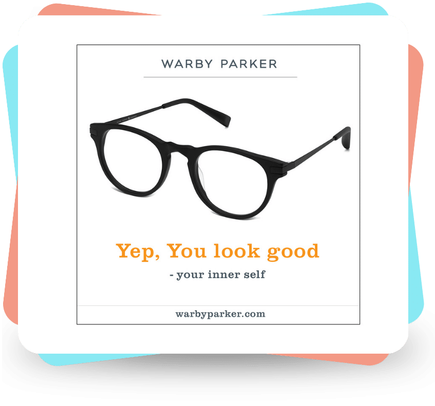 A pair of black eyeglasses with the text "Yep, You look good - your inner self" below.