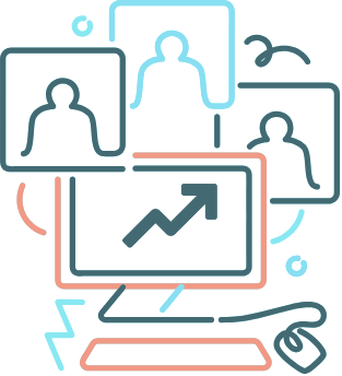 Icon of a computer displaying a graph with three human silhouettes in separate frames above.
