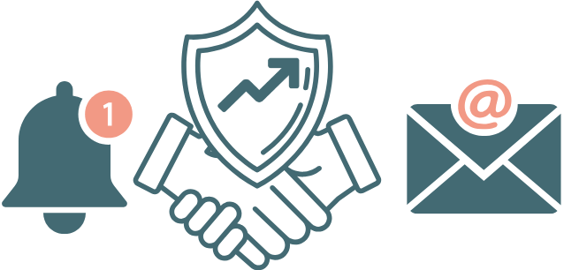 Icons depicting a handshake under a shield, a notification bell, and an email envelope.