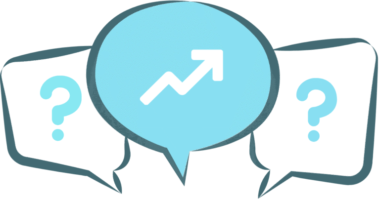 Three speech bubbles with a growth arrow and question marks.