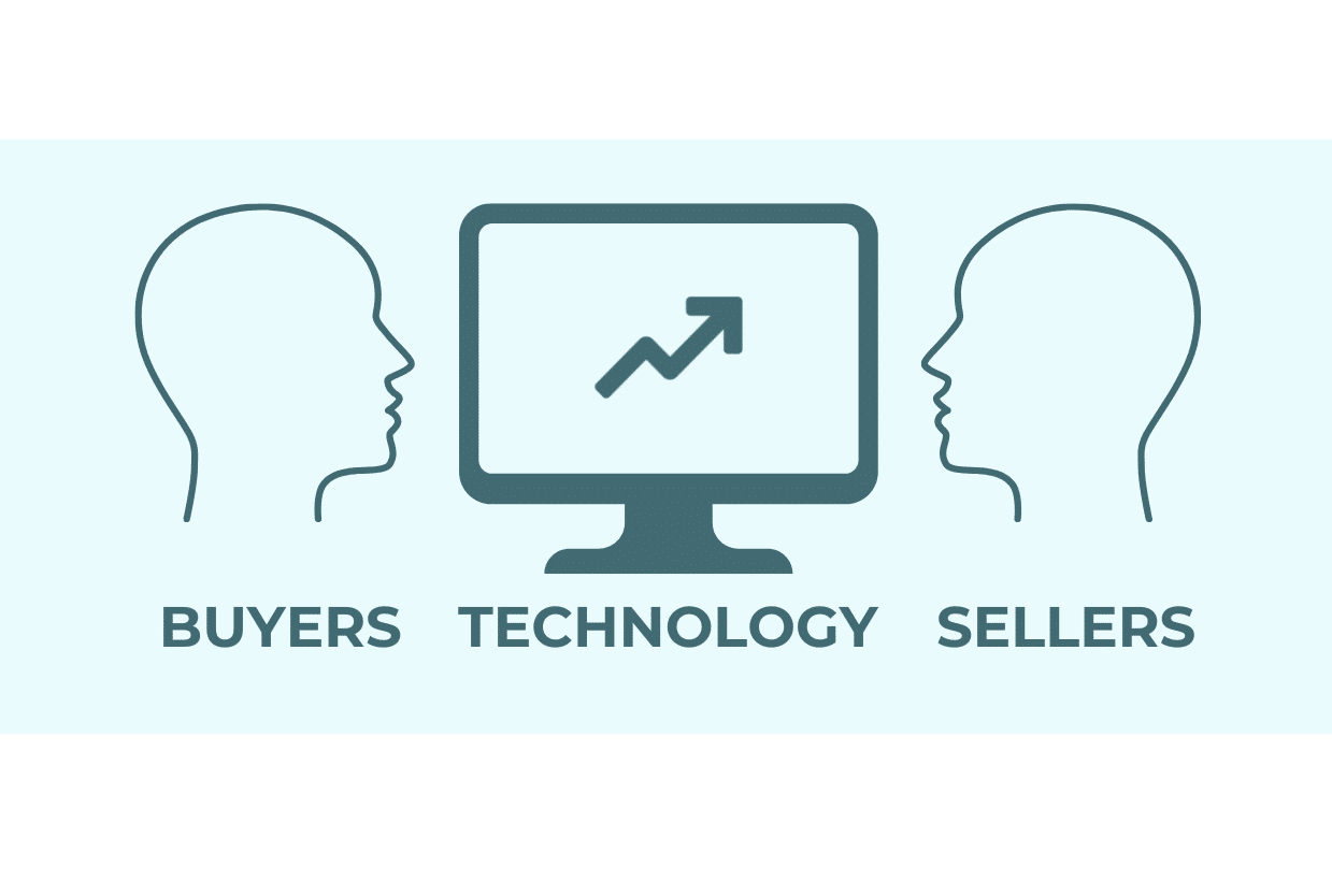 Two profile silhouettes facing a monitor with an upward trend graph, labeled "Buyers" and "Sellers."