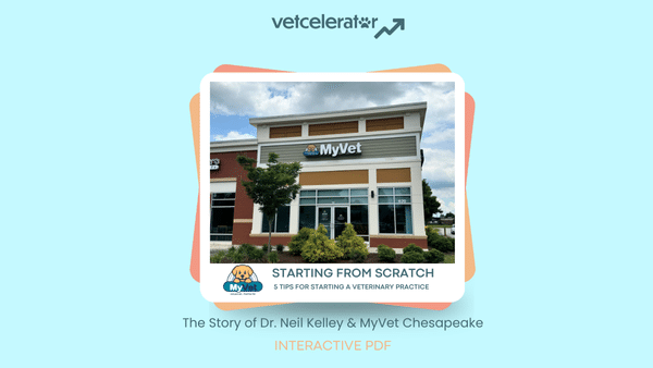 Two-story building labeled "MyVet" under a cloudy sky.