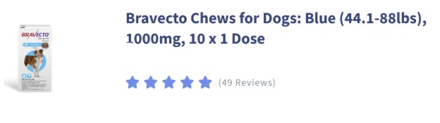 Box of Bravecto chews for dogs, 1000mg, showing five-star rating and 49 reviews.