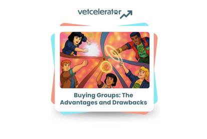 Illustration of four diverse individuals in discussion, titled "Buying Groups: The Advantages and Drawbacks."