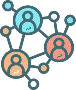 Network of connected icons representing individuals in teal, orange, and peach colors.