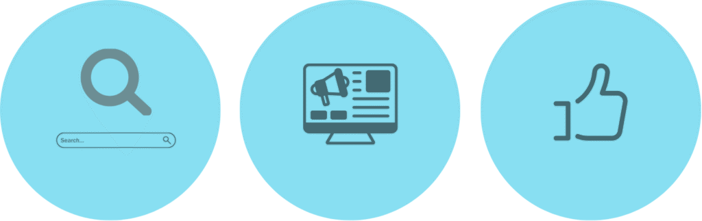 Icons of a search bar, a computer with a megaphone, and a thumbs up symbol.
