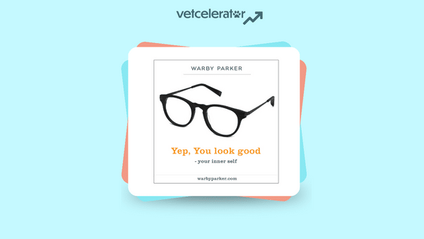Advertisement featuring a pair of glasses with text "Yep, You look good - your inner self" from Warby Parker.