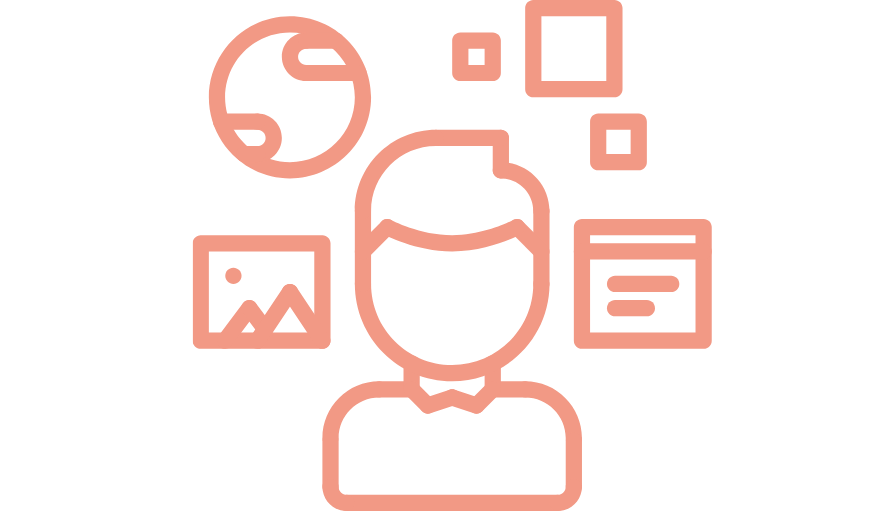 Icon of a man with multimedia symbols around his head.