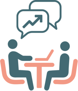 Two people sitting at a table with speech bubbles showing a growth chart.
