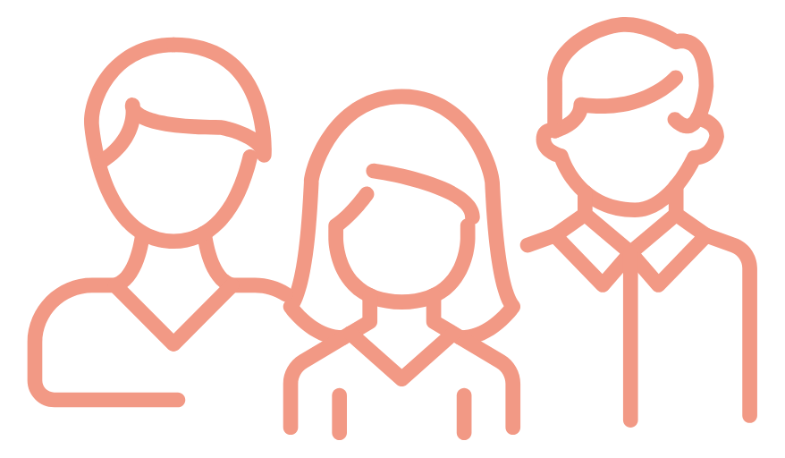 Line drawing of three people side by side, two men and one woman.